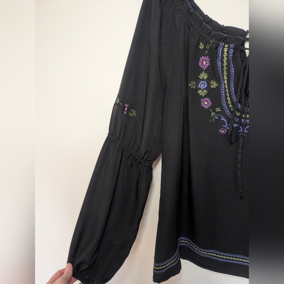 Cache Luxe Chiffon Top Blouse Black Embroidered Sheer Long Sleeve Size Medium - Picture 3 of 9